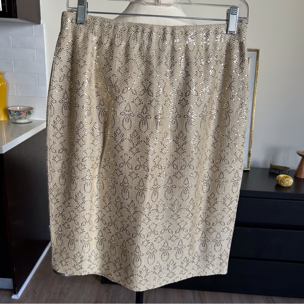 Vintage ST. JOHN EVENING by Marie Gray Gold Embellished Knit Skirt Size 12